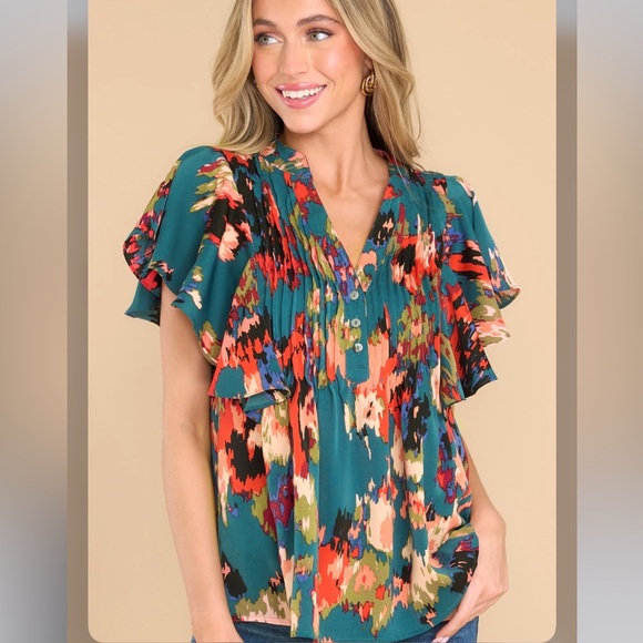 Red dress boutique LET'S KEEP IN TOUCH TEAL MULTI PRINT TOP - Picture 4 of 11